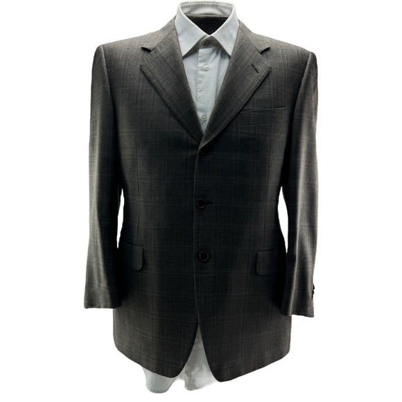 Canali‎ Brown w/ Blue Check Wool 3 Button Double Vent Sport Coat Mens Size 40R
